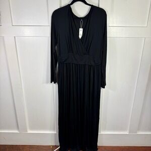 OUGES Womens Black V Neck Faux Wrap Long Sleeve Maxi Dress Plus Size XXL